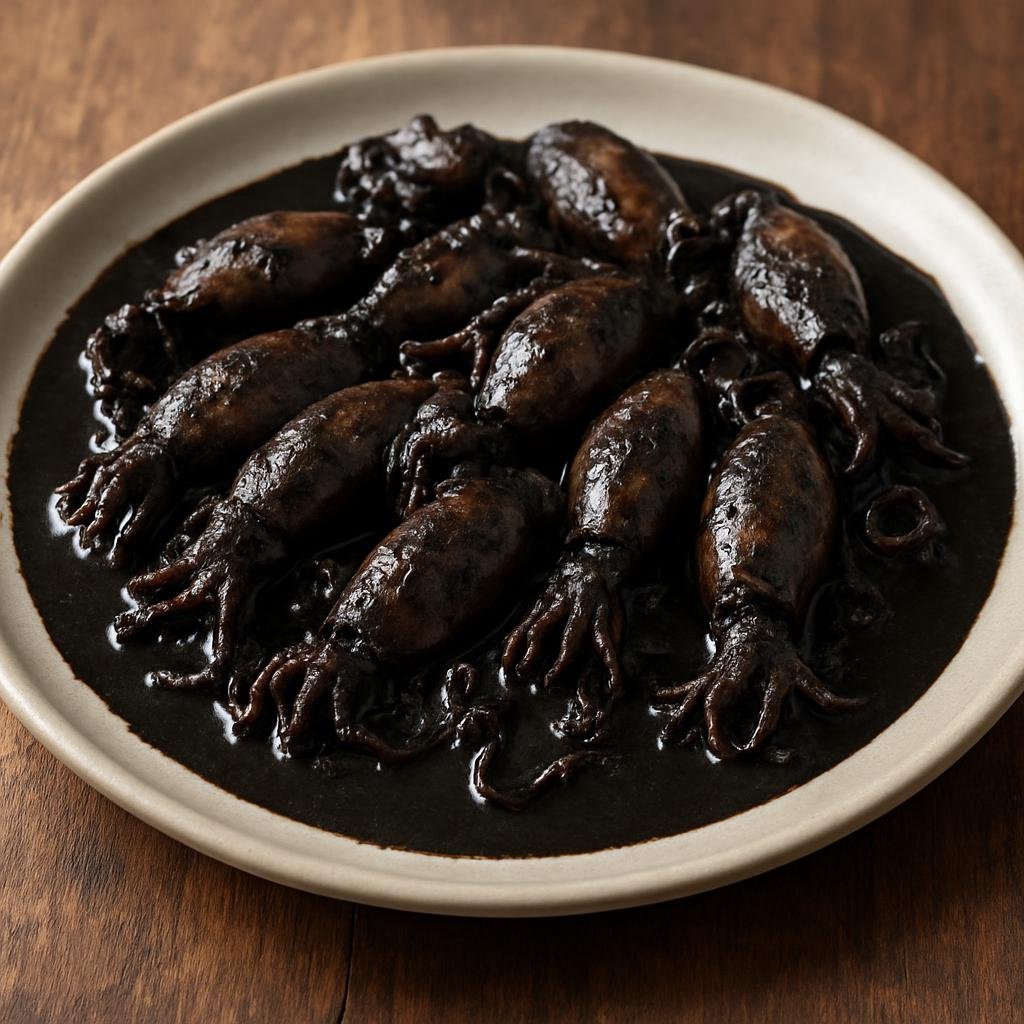 Entree: Spain – Basque Country – Chipirones en su Tinta (Baby squid cooked in a rich black ink sauce made from its own ink) recipe