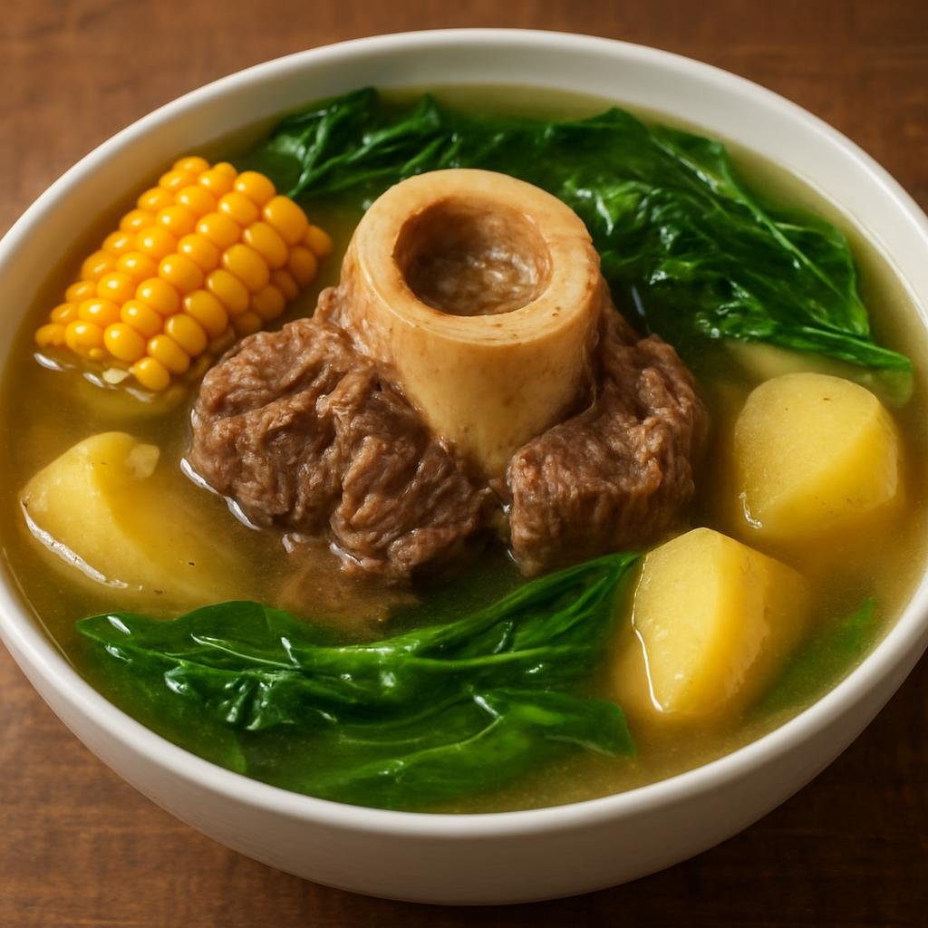 Entree: Philippines – Luzon – Bulalo (A clear, savory Luzon beef marrow-bone soup of slowly simmered shanks and marrow bones with corn, potatoes, and leafy greens) recipe