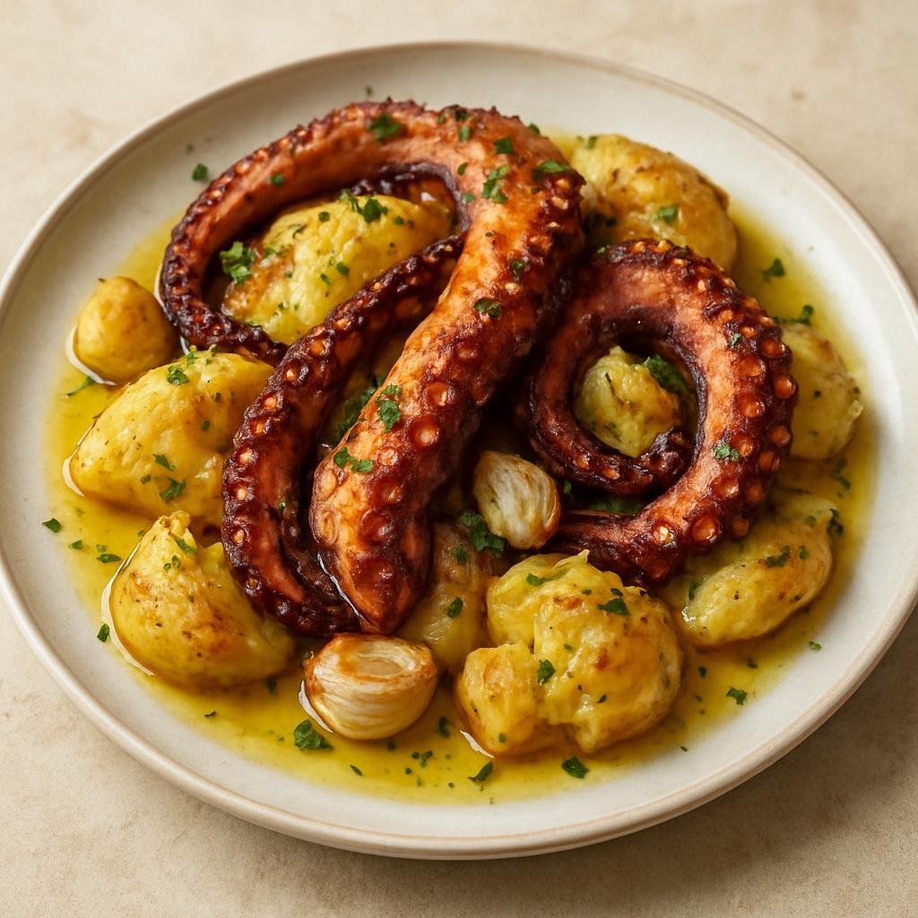 Entree: Portugal – Madeira – Polvo à Lagareiro (Oven-roasted octopus with smashed baked potatoes, garlic, and abundant olive oil) recipe