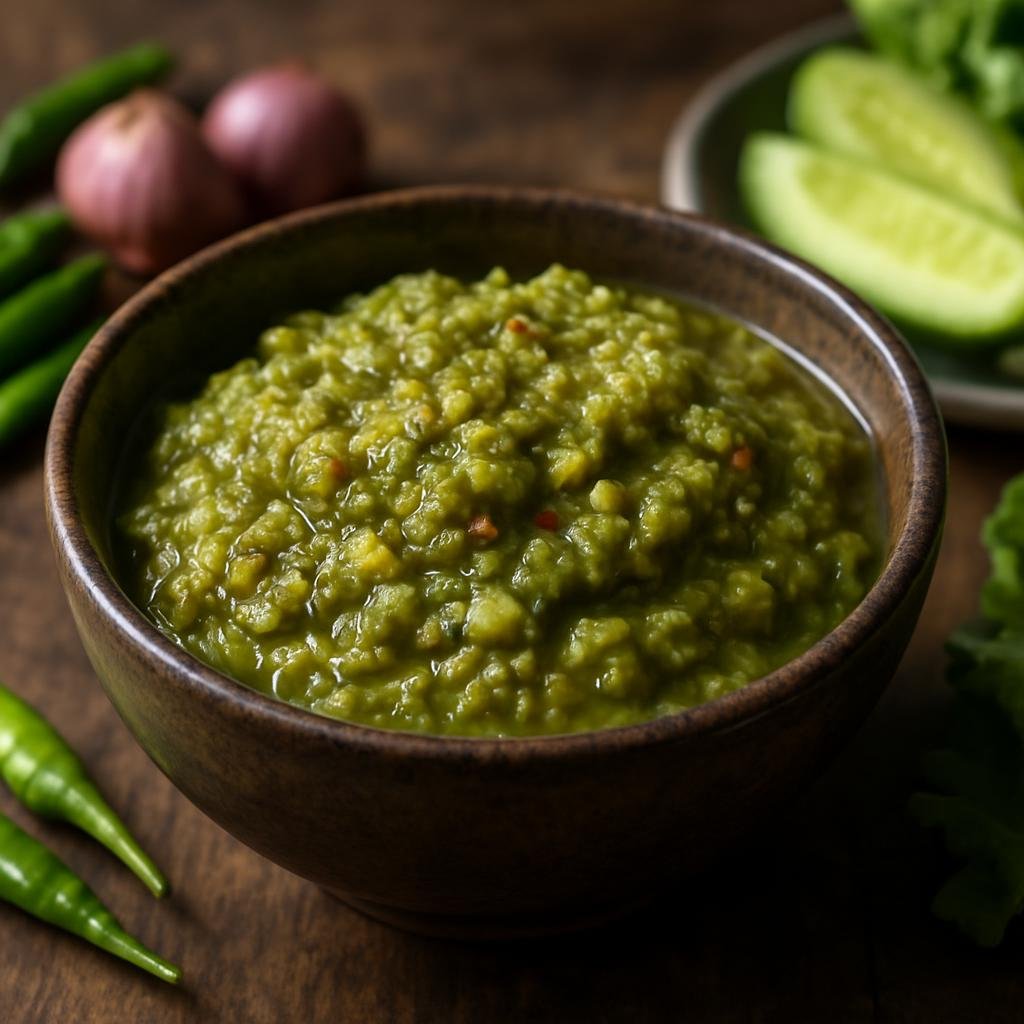 Entree: Thailand – Northern Thailand – น้ำพริกหนุ่ม ➤ nam phrik noom (Roasted Northern Thai green chili dip or relish) recipe