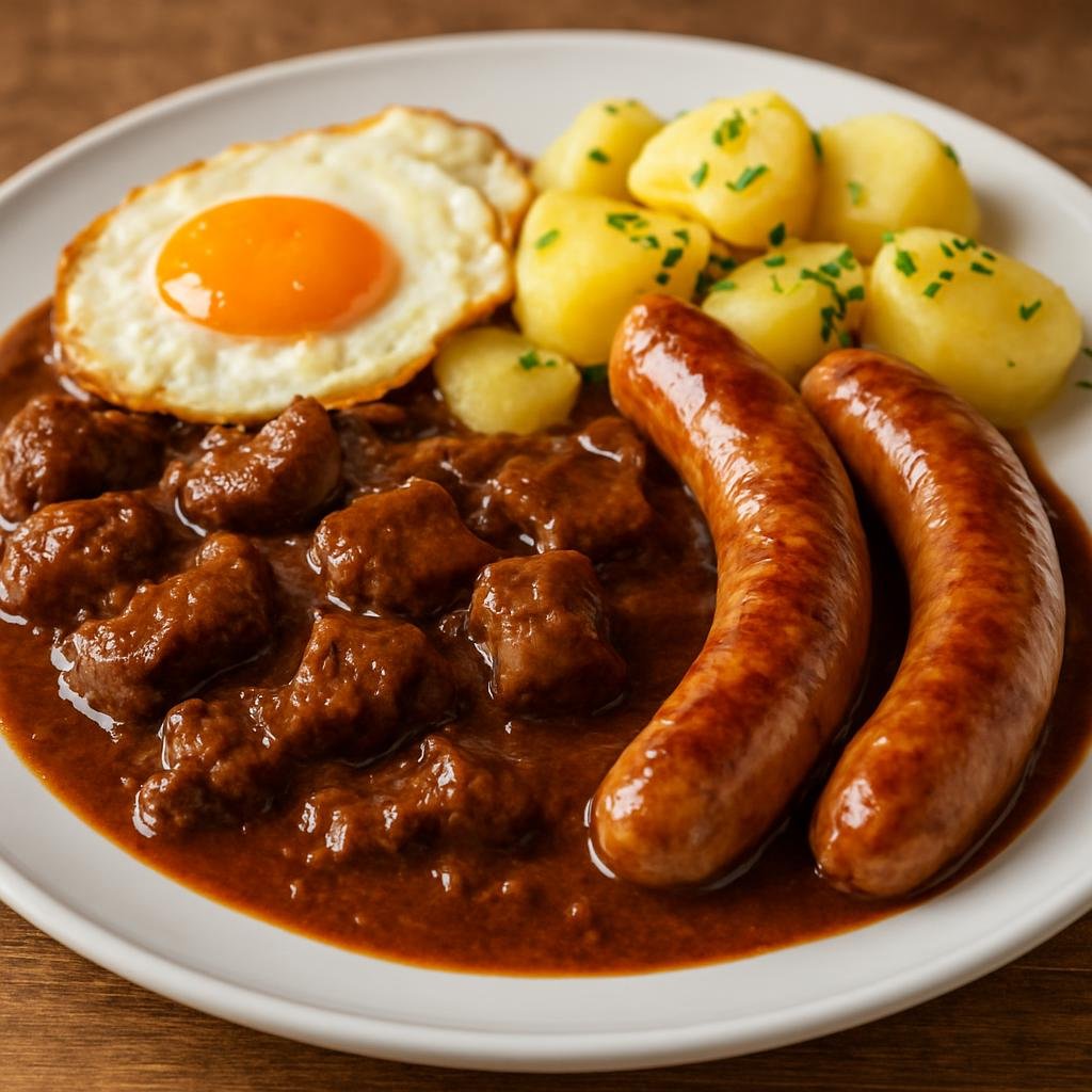 Entree: Austria – Vienna – Fiakergulasch (Hearty Viennese beef-based goulash served with fried sausages, potatoes, and a fried egg) recipe