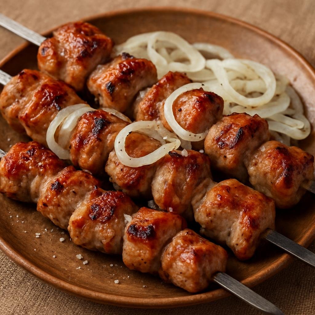 Entree: Georgia – Tbilisi & Eastern Georgia – მწვადი ➤ mts'vadi (Charcoal-grilled skewered meat, traditionally pork or lamb, seasoned simply with onions and salt) recipe