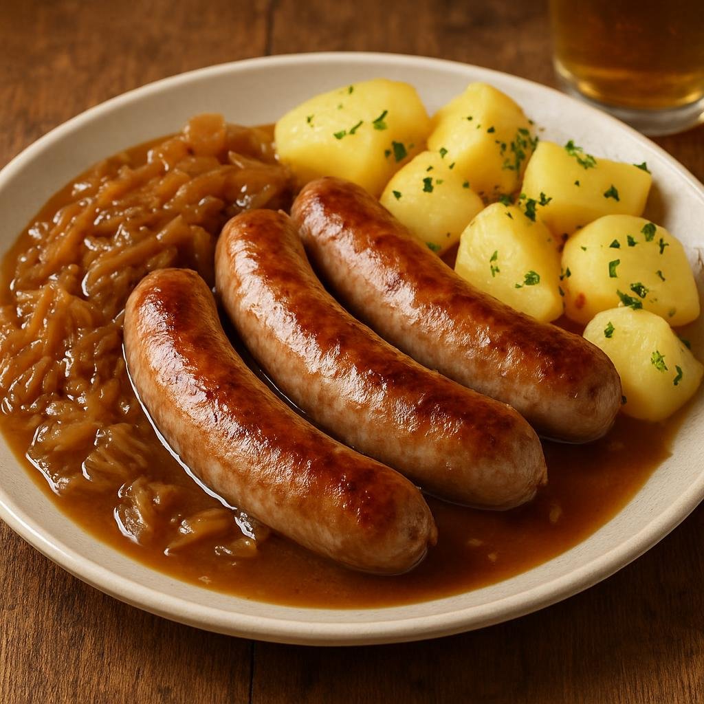 Entree: France – Brittany – Saucisse de Molène (Traditional Breton pork sausages pan-seared and served with cider-onion sauce and buttered potatoes) recipe
