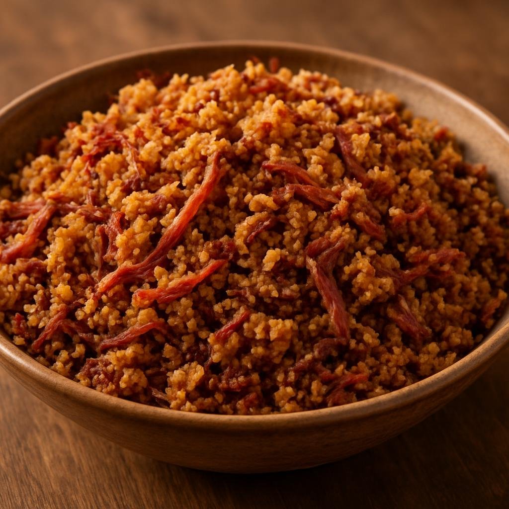 Entree: Brazil – Ceara – Paçoca de Carne Seca (Shredded salted dried beef toasted and mixed with cassava flour to make a savory crumbly meat-and-flour dish) recipe