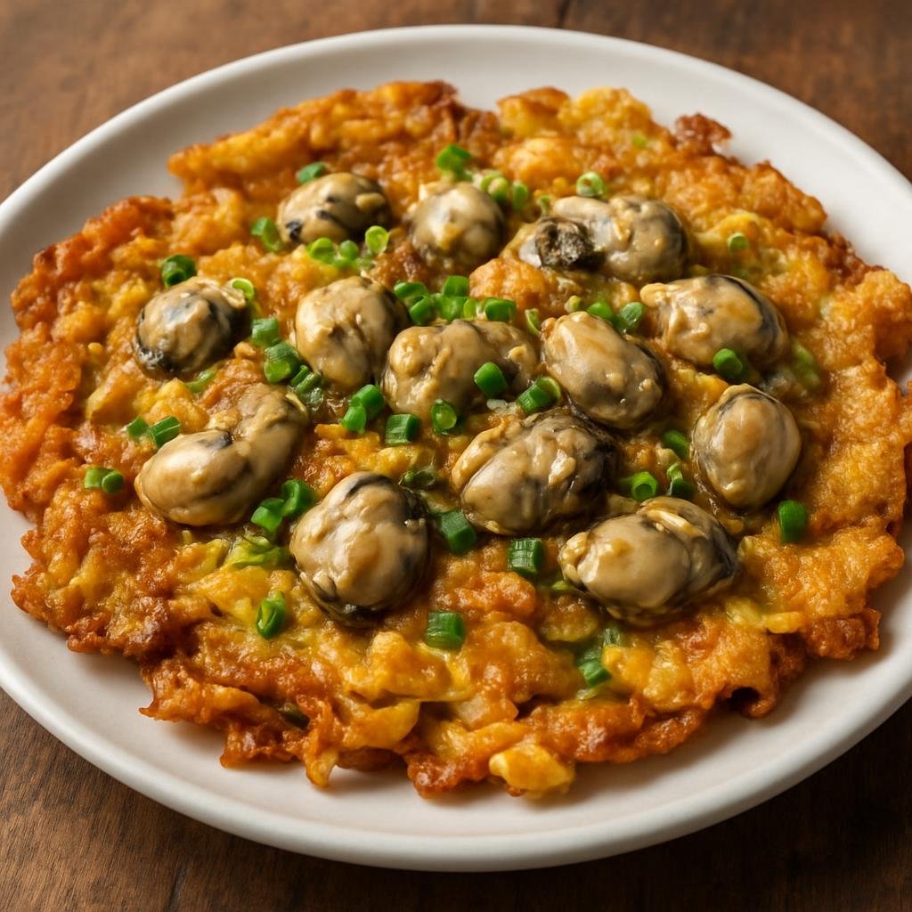 Entree: Malaysia – Penang – Oyster Omelette (Pan-fried egg and tapioca-starch pancake studded with fresh oysters and crisped edges) recipe