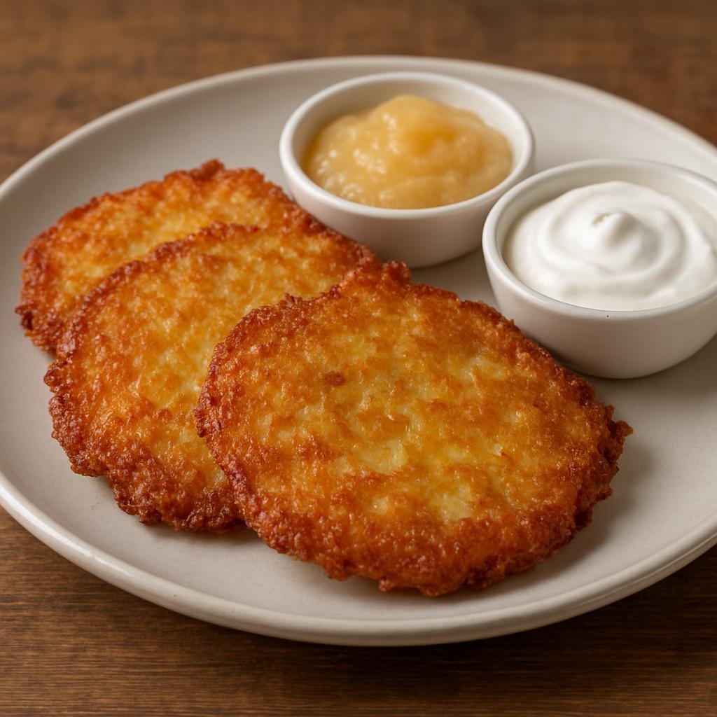 Entree: Poland – Podlasie – Placki ziemniaczane (crispy grated potato pancakes pan-fried until golden, traditionally served with sour cream or applesauce) recipe