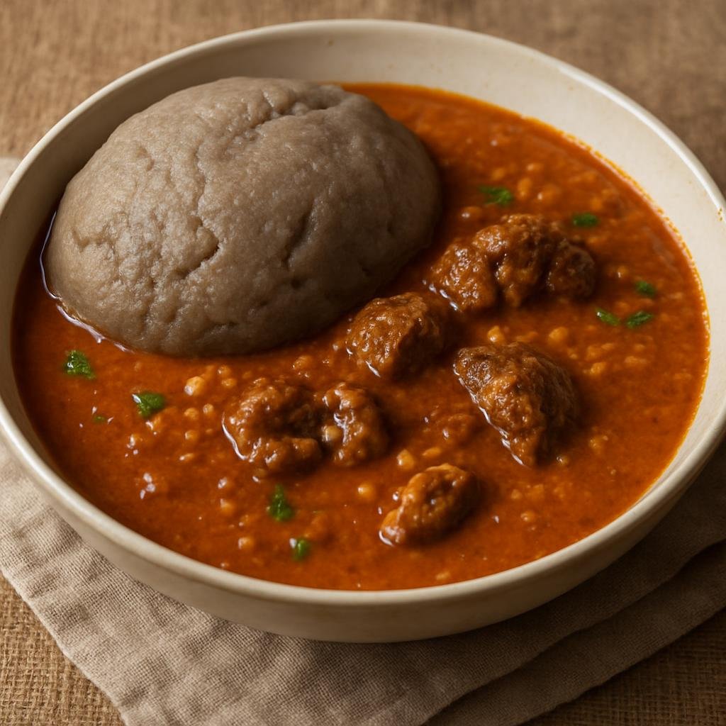 Entree: Ghana – Northern Ghana – Konkonte with Groundnut Soup (dried cassava paste with peanut stew) recipe