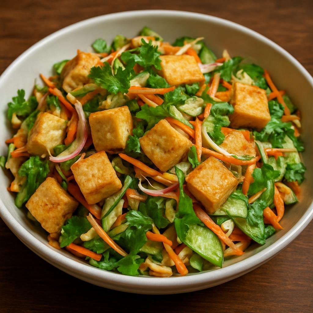 Entree: Myanmar – Shan State Cuisine – တိုဖူးသုပ် ➤ tofu thoke (Shan-style Burmese tofu salad with fried tofu, fresh vegetables, herbs, and a tangy, savory dressing) recipe