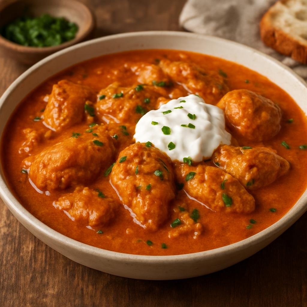 Entree: Romania – Wallachia – Papricaș de pui (Chicken simmered in a sweet paprika and onion sauce finished with sour cream) recipe