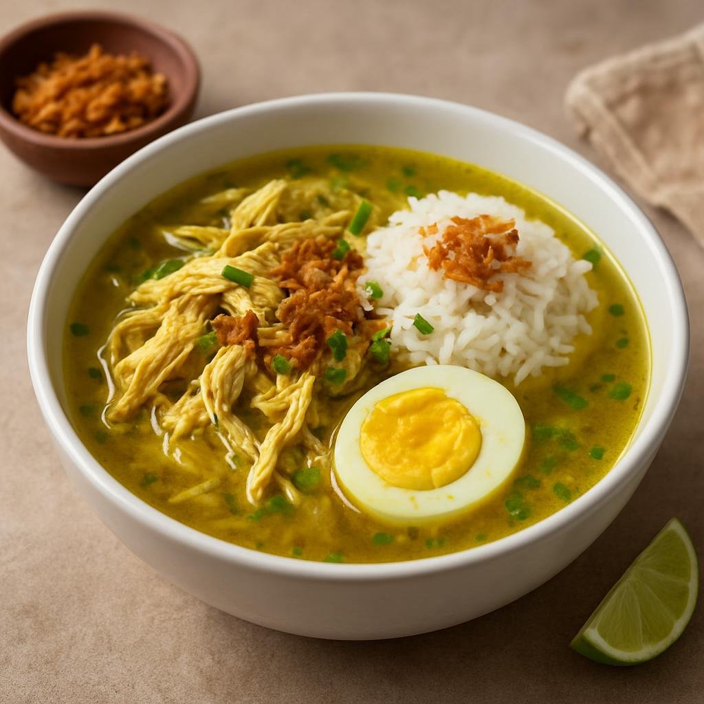 Entree: Indonesia – Central Java – Soto Kudus (Clear Javanese chicken soup from Kudus flavored with turmeric and aromatic spices, served with rice or lontong) recipe