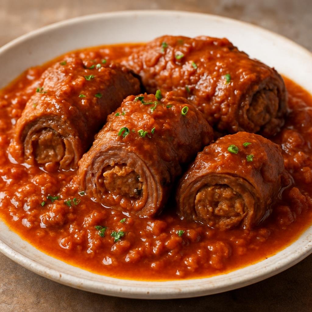 Entree: Italy – Campania / Naples – Braciole al Ragù (Rolled and stuffed beef braised slowly in a rich Neapolitan meat sauce) recipe