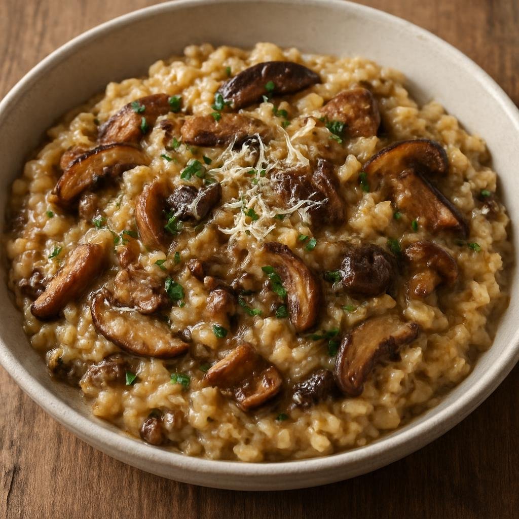 Entree: Canada – Interior British Columbia – Wild Mushroom Risotto (Creamy Arborio rice cooked slowly with local wild mushrooms, wine, and Parmesan) recipe