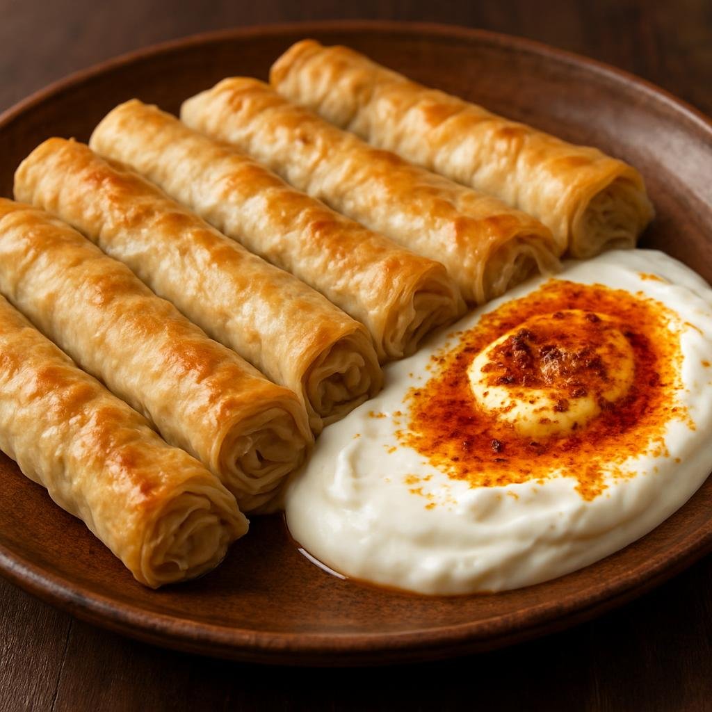 Entree: Turkey – Eastern Anatolia – Siron (Rolled thin-dough parcels baked or steamed and served with garlicky yogurt and spiced butter) recipe