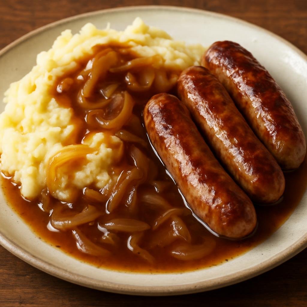 Entree: United Kingdom – England - Midlands – Lincolnshire Sausages with Mash (Pan-fried seasoned pork sausages from Lincolnshire served with creamy mashed potatoes and onion gravy) recipe