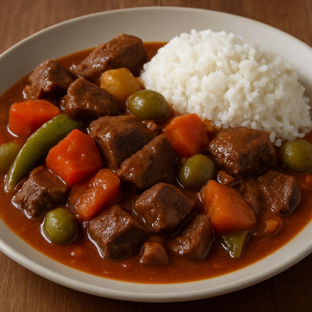 Entree: Philippines – Luzon – Kaldereta (Hearty Filipino tomato-based beef stew with liver-enriched sauce, vegetables, and olives, served with rice) recipe