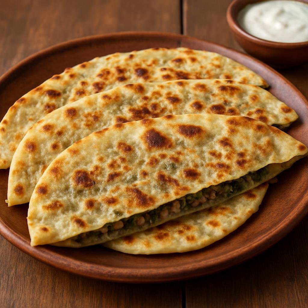 Entree: Azerbaijan – Nakhchivan – Qutab (Thin folded flatbread filled with minced meat and fresh herbs, pan-cooked until golden) recipe