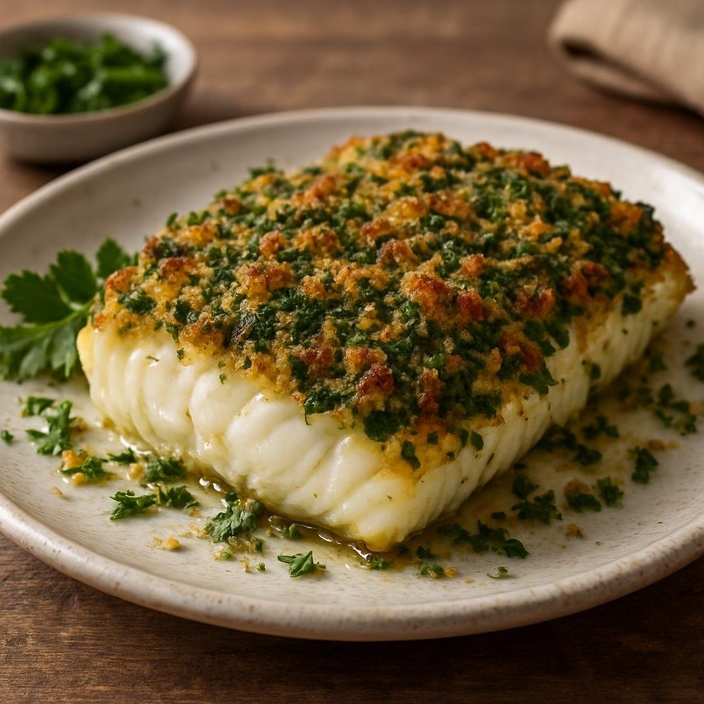 Entree: Ireland – West Ireland – Baked Cod with Herb Crust (Oven-baked cod fillets topped with a crisp parsley and breadcrumb herb crust) recipe