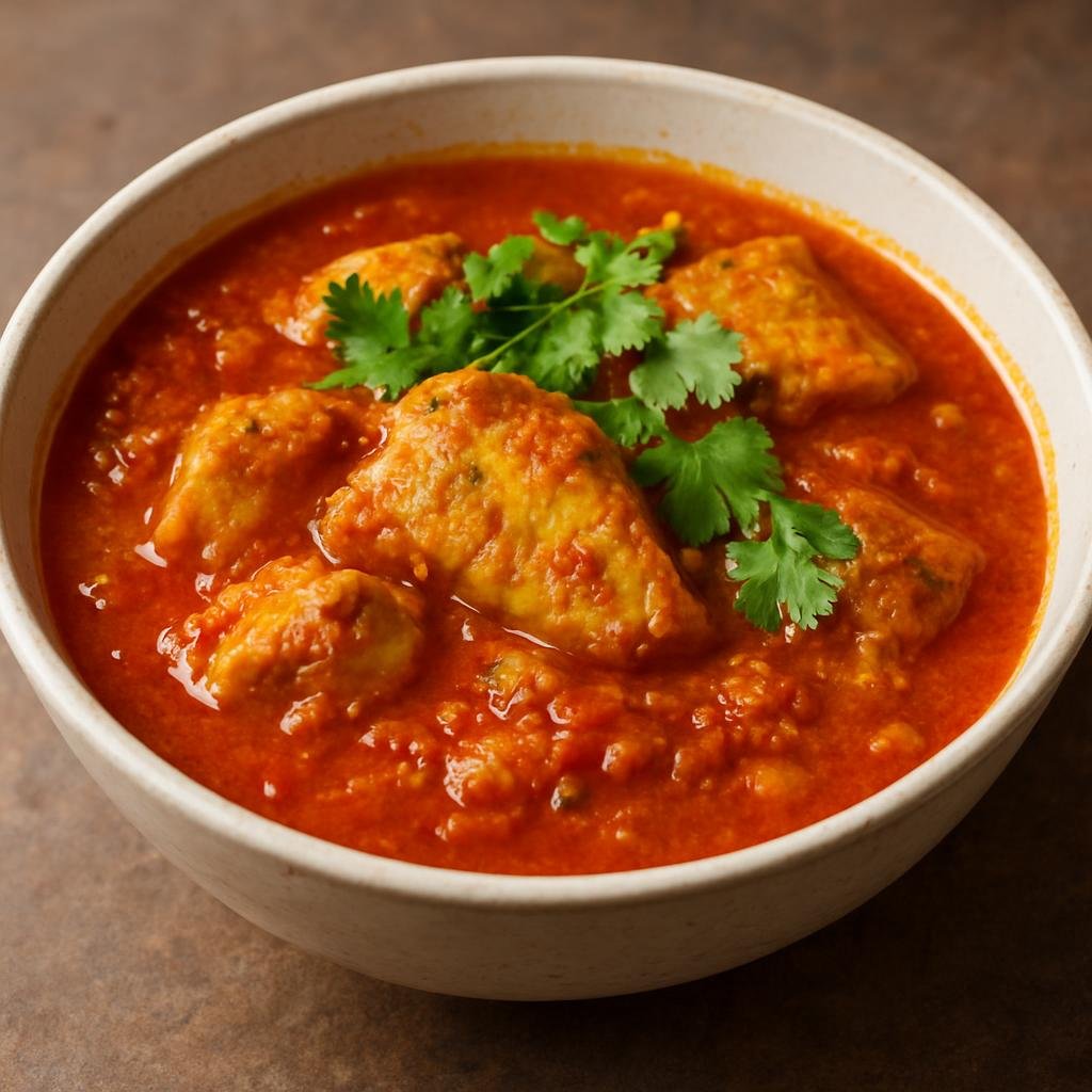 Entree: Myanmar – Shan State Cuisine – ရှမ်းငါးဟင်း ➤ Shan nga hin (A tangy, tomato-and-turmeric based fish curry from Myanmar’s Shan State, made with freshwater fish and aromatic garlic, ginger, and fermented fish seasoning) recipe