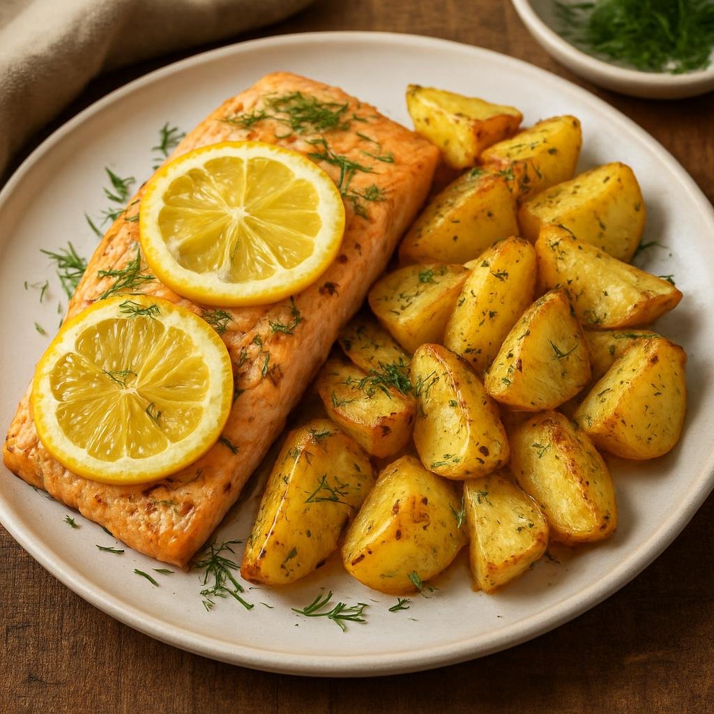 Entree: Netherlands – North Sea Coast – Zalm uit de Oven (Oven-baked salmon with lemon, dill and roasted potatoes) recipe