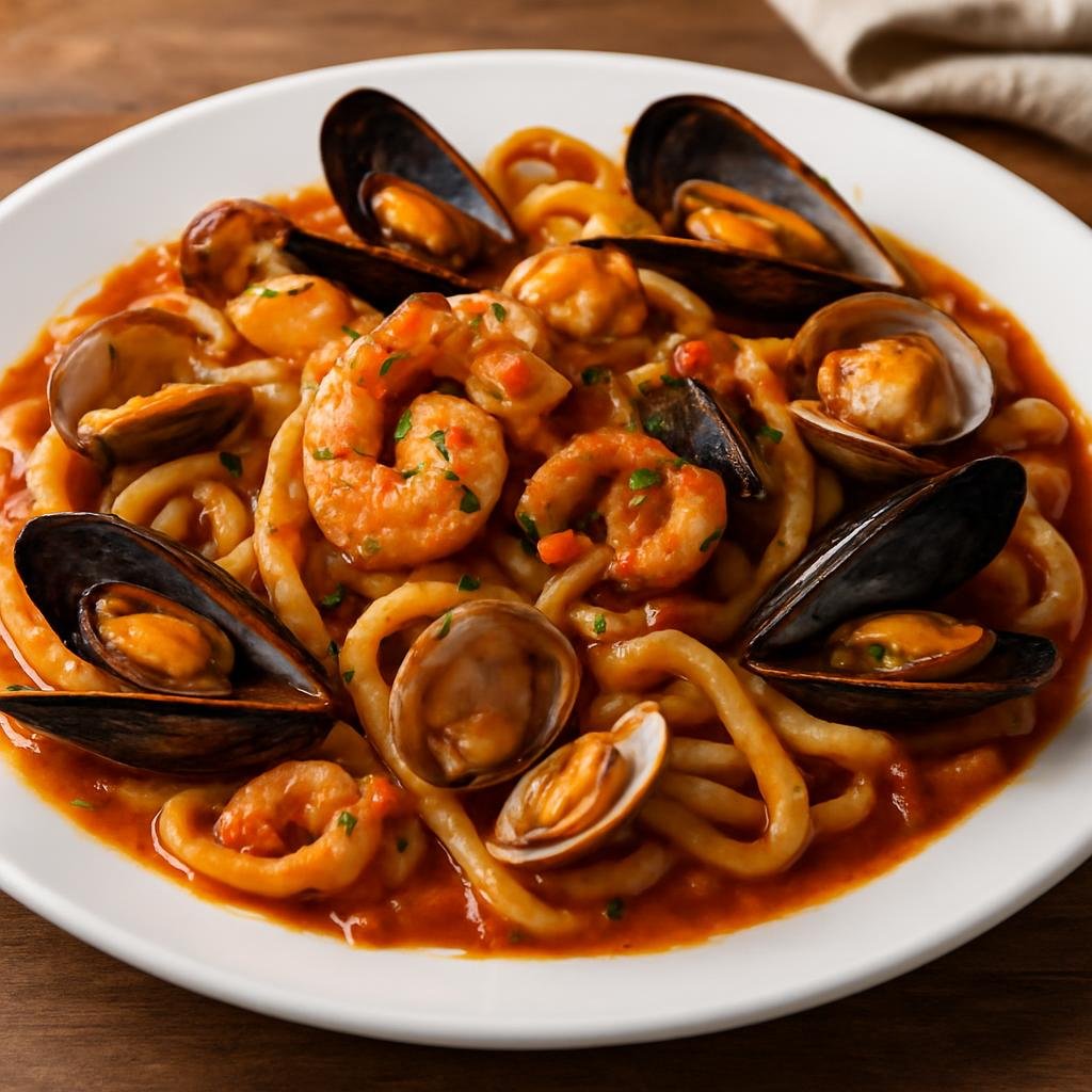 Entree: Italy – Campania / Naples – Scialatielli ai Frutti di Mare (Fresh thick ribbon pasta tossed with mixed Mediterranean shellfish and seafood in a garlicky tomato and white wine sauce) recipe