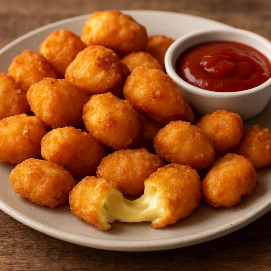 Entree: United States – Upper Midwest – Fried Cheese Curds (Battered and deep-fried fresh cheese curds with a crisp golden crust) recipe