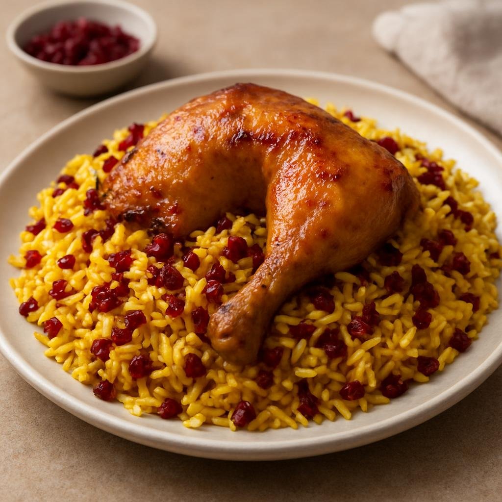 Entree: Iran – Khorasan – زرشک پلو ➤ Zereshk Polo (Saffron rice studded with tart barberries traditionally served with braised or roasted chicken) recipe