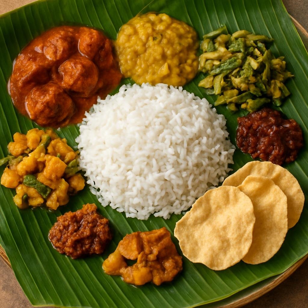 Entree: Malaysia – Penang – Banana Leaf Rice (A communal plated meal of steamed rice served on a banana leaf with multiple curries, lentils, vegetables, condiments, and crisps) recipe