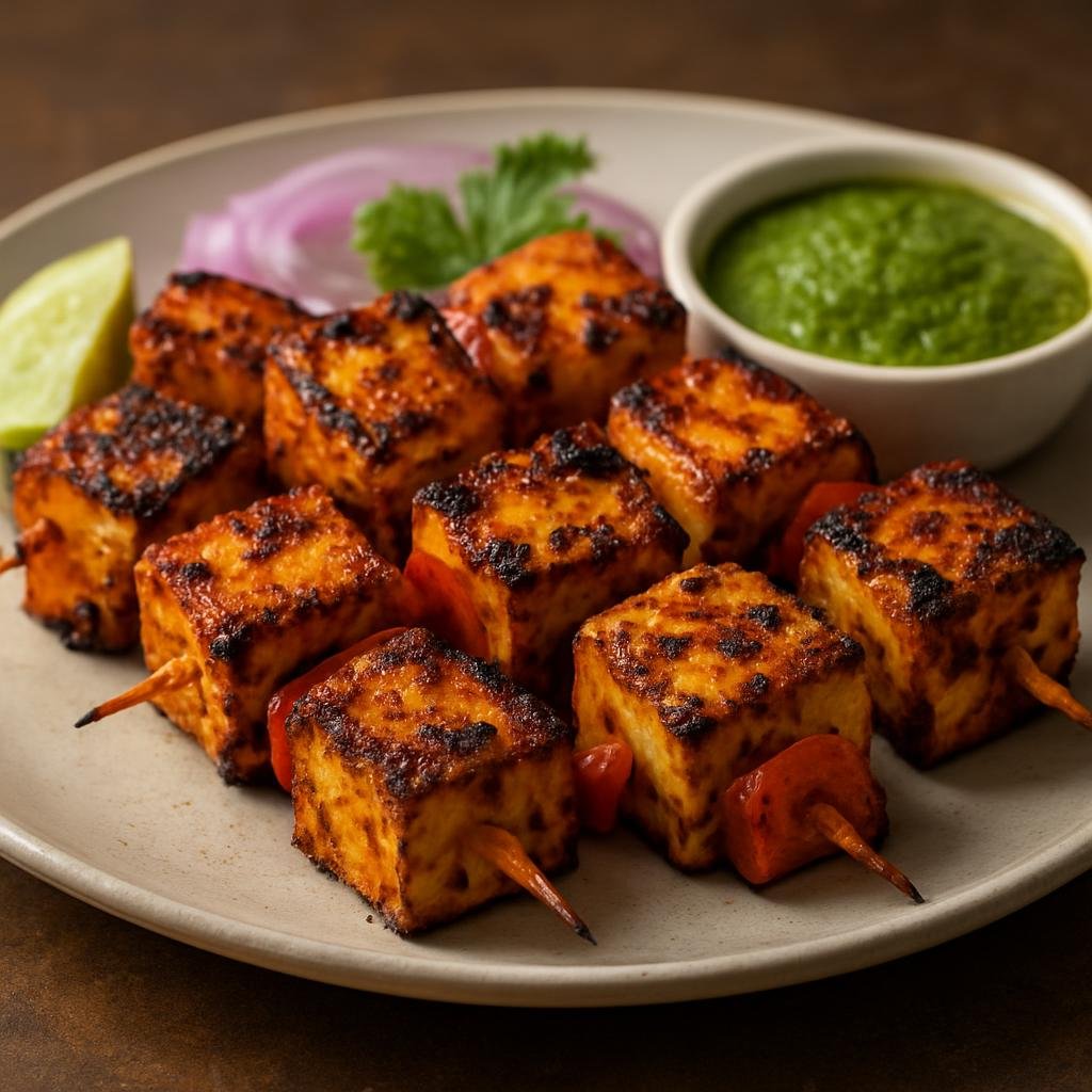 Entree: India – Punjab – पनीर टिक्का ➤ Panīr Ṭikkā (Marinated and charred cubes of Indian cottage cheese typically grilled on skewers) recipe