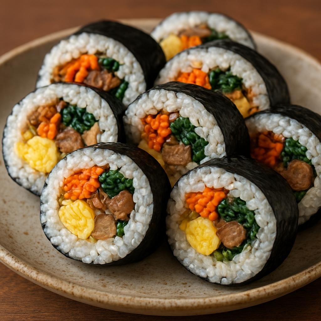 Entree: South Korea – Seoul & Gyeonggi – 김밥 ➤ gimbap (Korean seaweed-and-rice rolls filled with seasoned vegetables, egg, and marinated protein) recipe