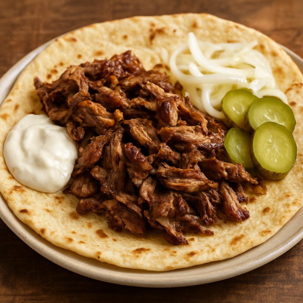Entree: Syria – Syrian Kurdish Cuisine – Kurdish Shawarma (Thinly sliced, well-spiced roasted lamb served in flatbread with pickles, onions, and yogurt or garlic sauce) recipe