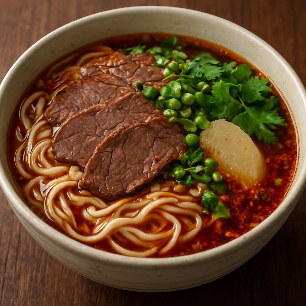 Entree: China – Gansu – 兰州牛肉面 ➤ Lánzhōu niúròu miàn (Hand-pulled wheat noodles served in a clear spiced beef broth with thinly sliced braised beef, radish, scallion, cilantro, and chili oil) recipe