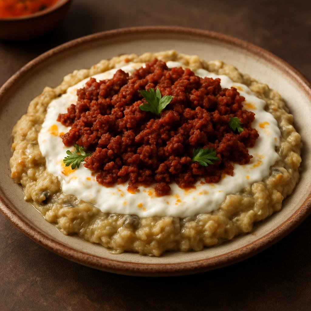 Entree: Turkey – Gaziantep – Ali Nazik Kebab (Smoky roasted eggplant mixed with garlicky yogurt and topped with spiced ground lamb) recipe