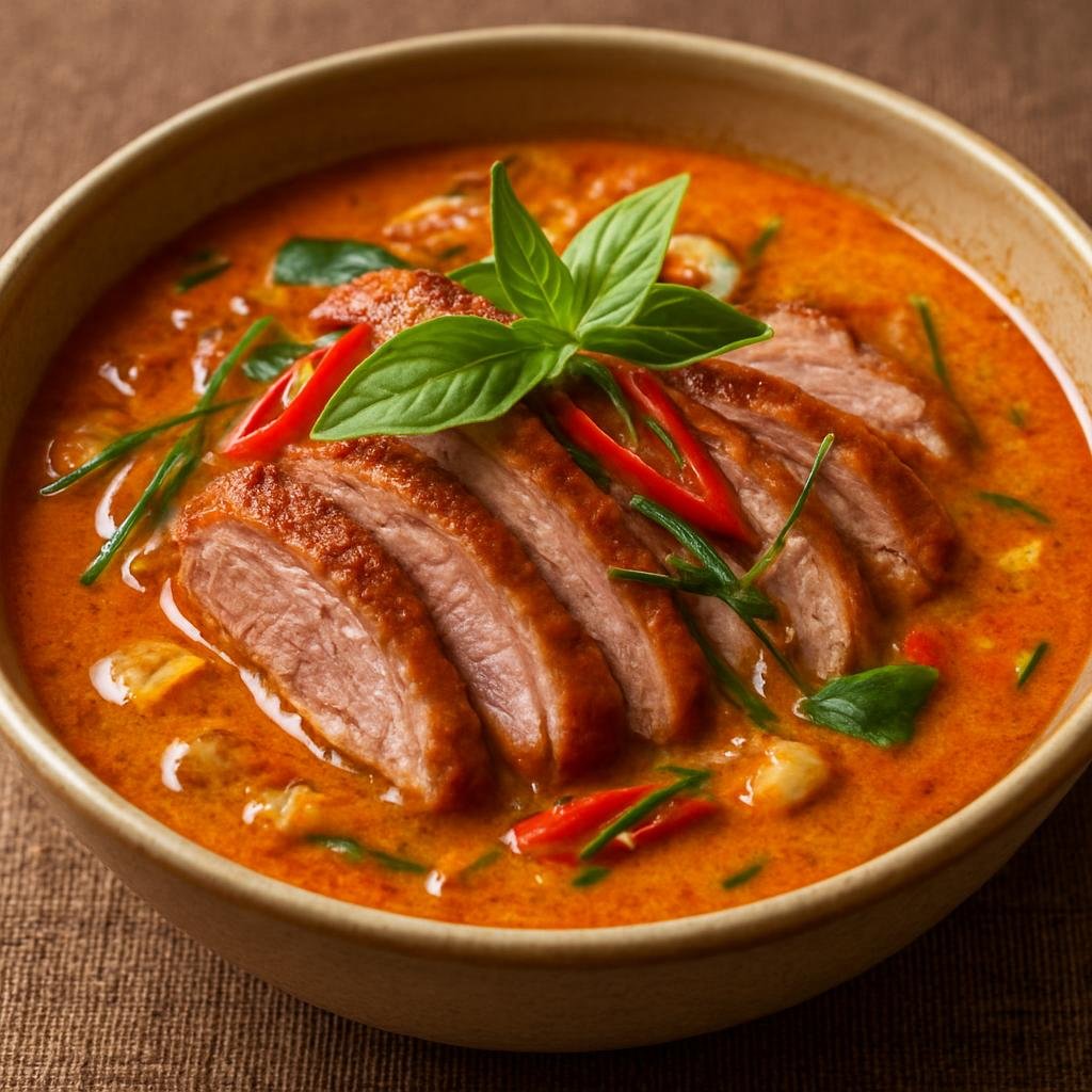 Entree: Thailand – Royal Thai Cuisine – แกงเผ็ดเป็ดย่าง ➤ Kaeng phet pet yang (Rich Thai red curry made with slices of roasted duck in coconut milk with aromatic herbs) recipe