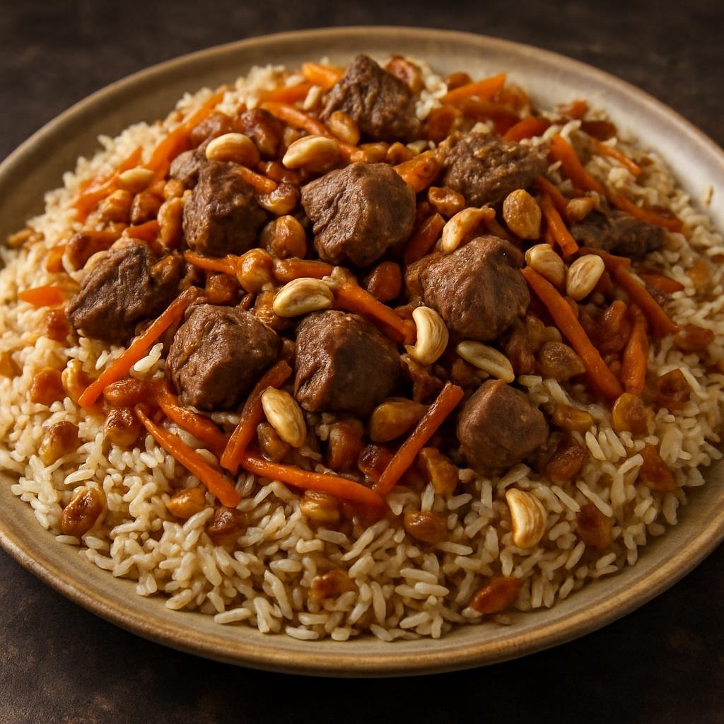 Entree: Afghanistan – Pashtun Eastern Afghanistan – کابلی پلو ➤ Kabuli Pulao (A fragrant Afghan pilaf of long-grain rice layered with tender lamb, caramelized carrots, raisins, and toasted nuts) recipe