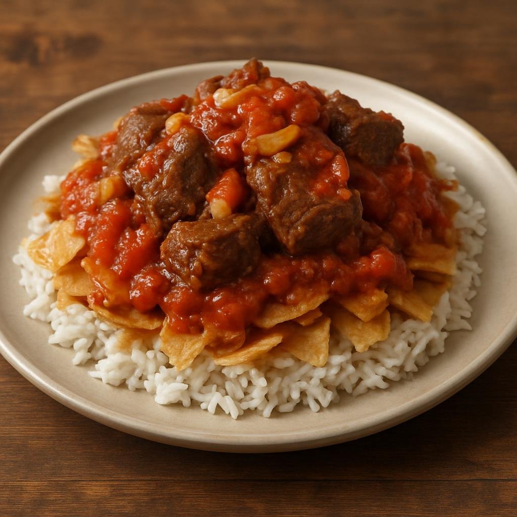 Entree: Egypt – Upper Egypt – فتّة ➤ fatta (Layered rice and crisped flatbread topped with slow‑cooked meat and a garlicky tomato‑vinegar sauce) recipe