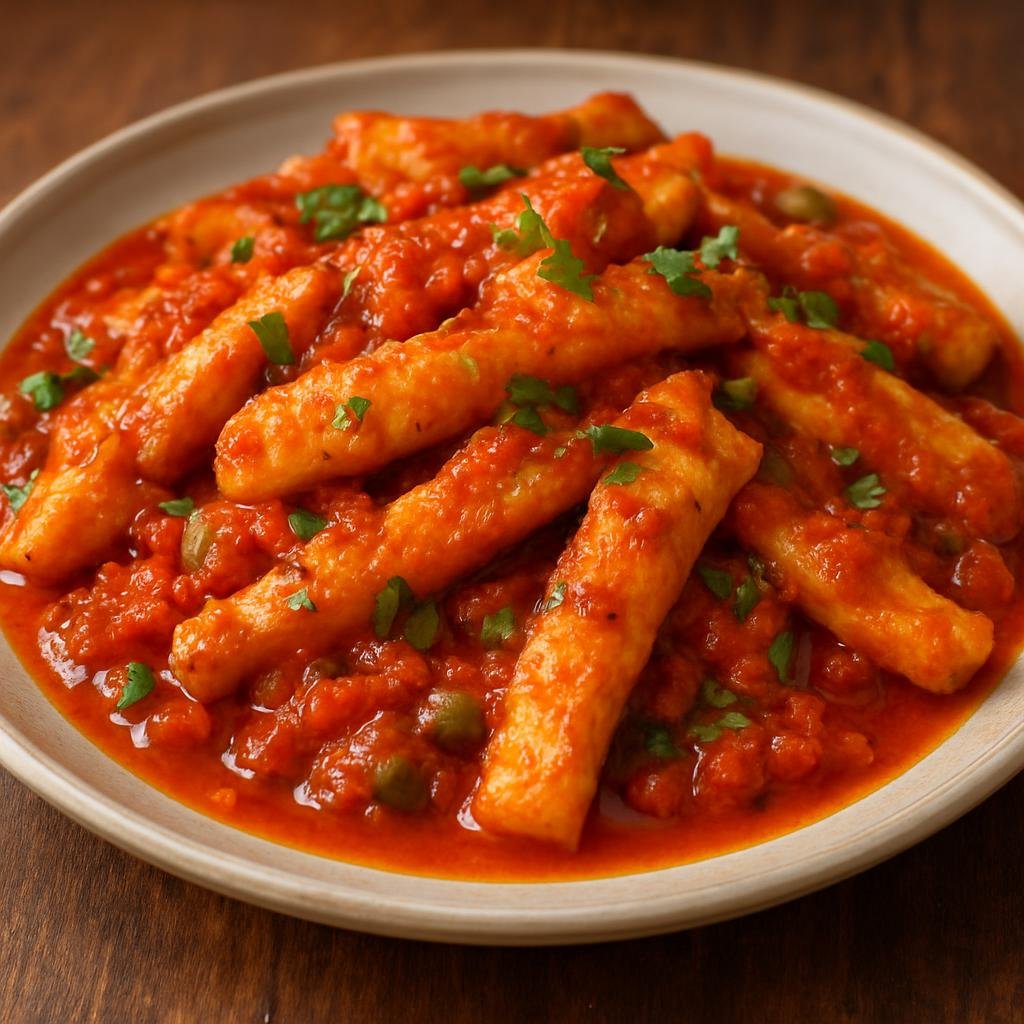 Entree: Mexico – Guerrero – Tiritas de Pescado (Pan-fried strips of white fish finished in a bright tomato-and-chile sauce, typical of Guerrero's coastal cuisine) recipe