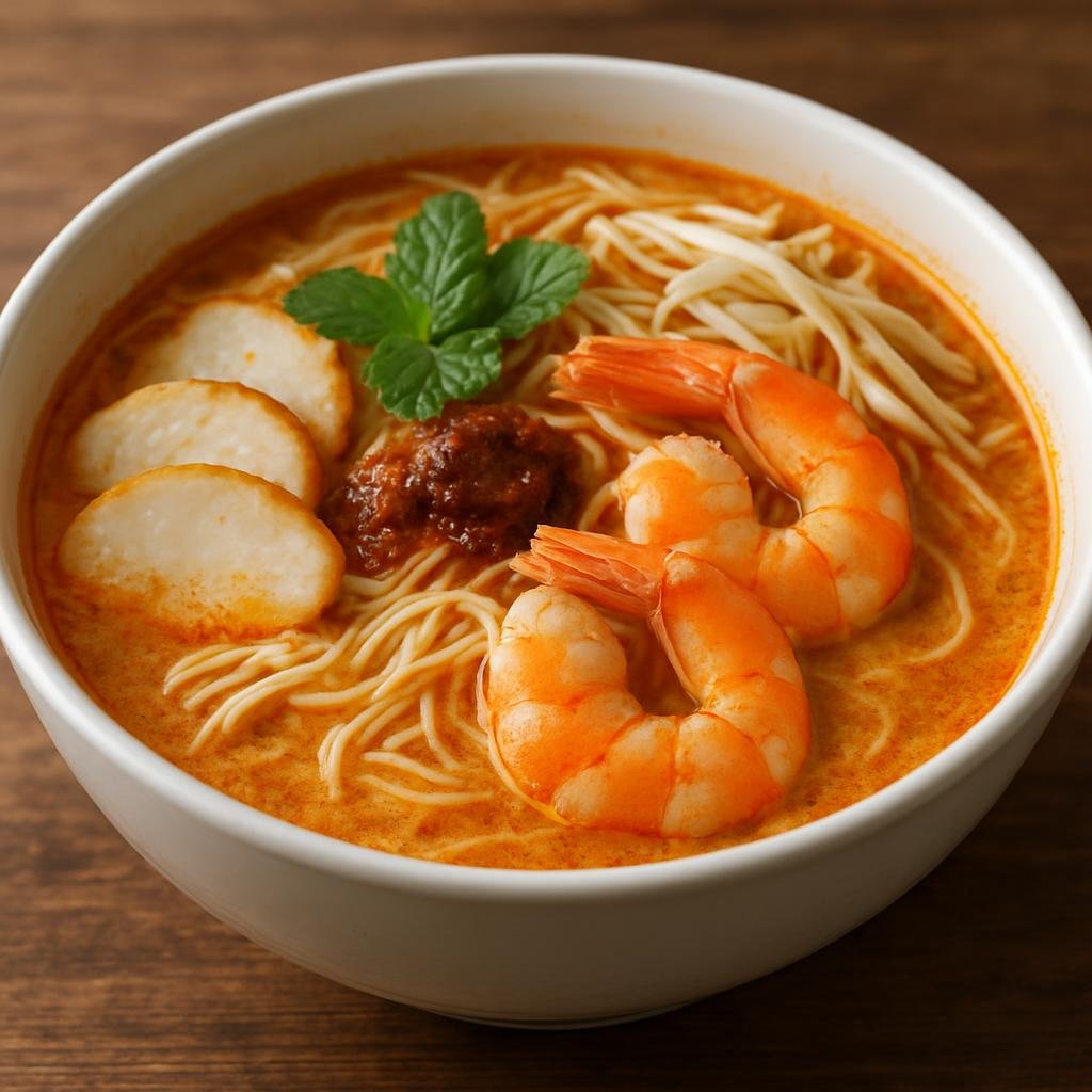 Entree: Malaysia – Peranakan / Nyonya – Nyonya Laksa (Spicy coconut-based noodle soup from Peranakan cuisine with prawns, fish cake, and rice vermicelli) recipe