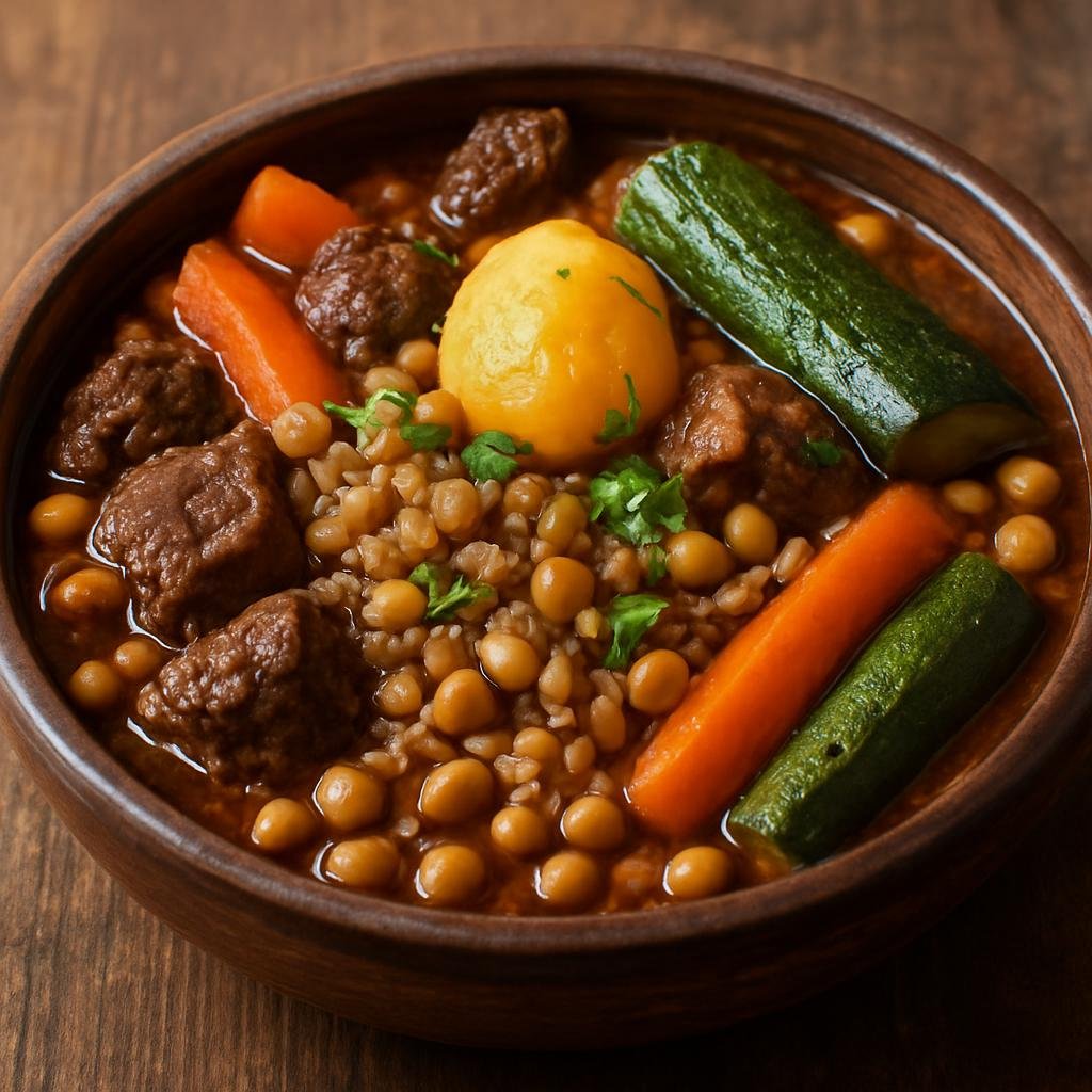 Entree: Morocco – Moroccan Jewish Cuisine – חמין ➤ Chamin (Slow-cooked Moroccan Jewish Sabbath stew of beef, legumes, grains, and vegetables) recipe