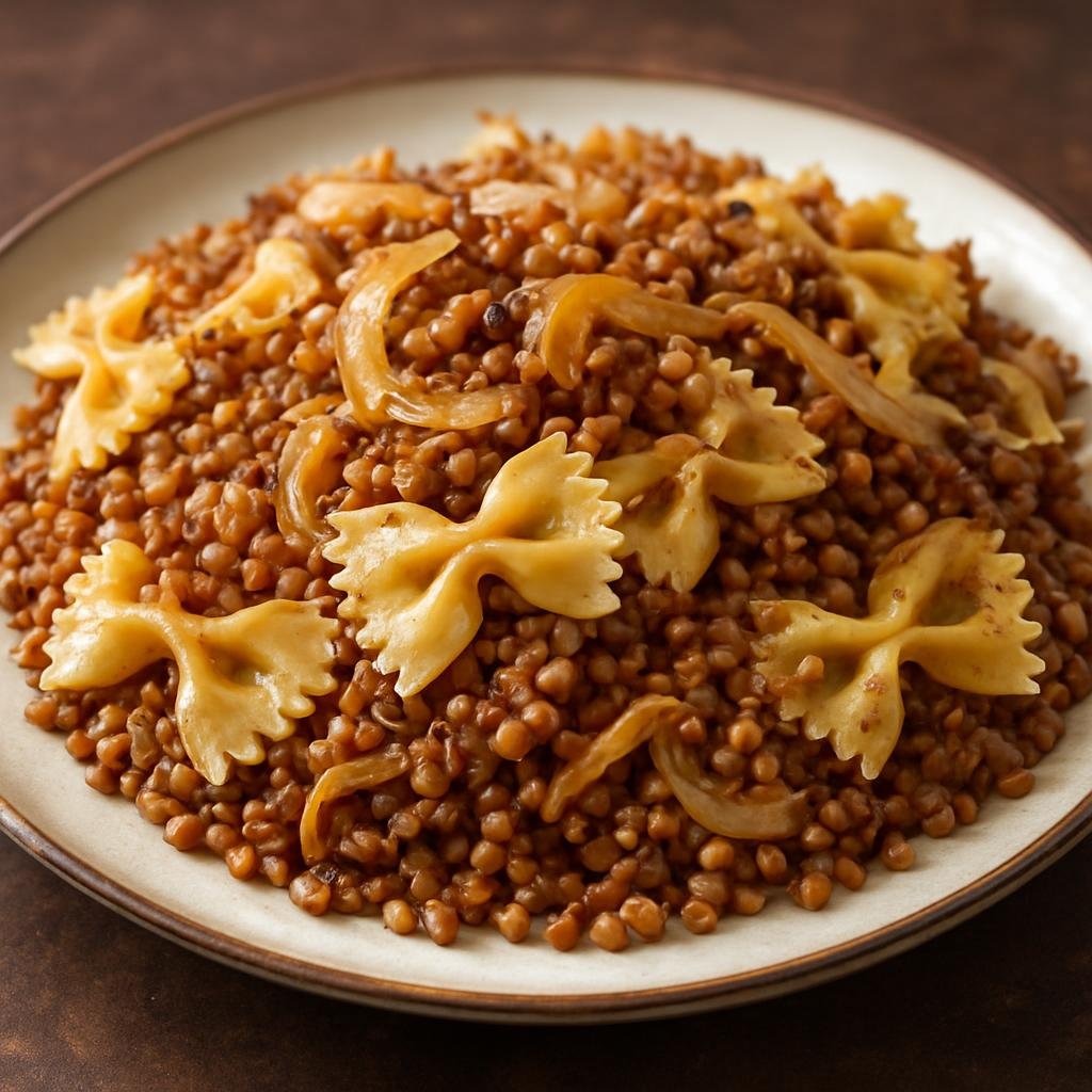 Entree: Poland – Polish Jewish Cuisine – Kasha Varnishkes (Roasted buckwheat groats tossed with bow-tie pasta and caramelized onions) recipe