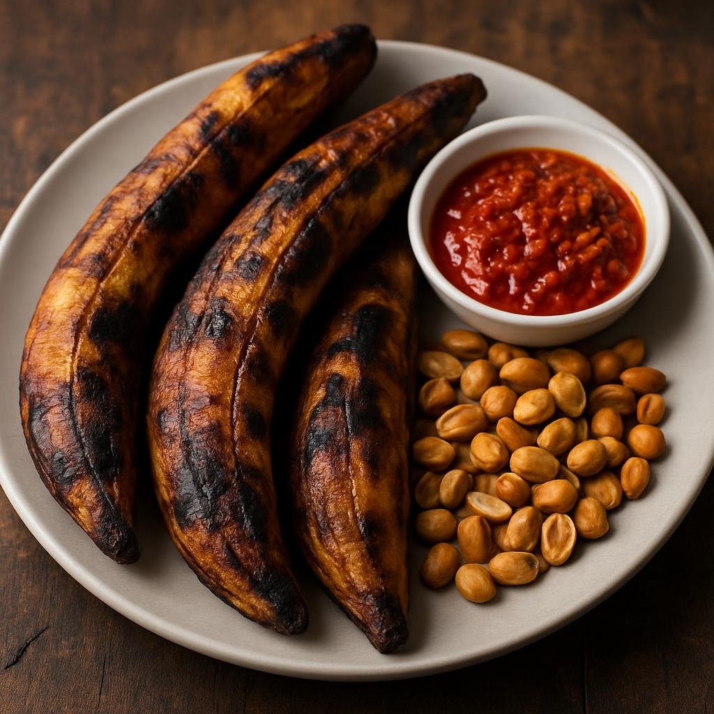 Entree: Nigeria – Lagos Street Food – Boli (Charred ripe plantain traditionally roasted and served with roasted peanuts and spicy pepper sauce) recipe