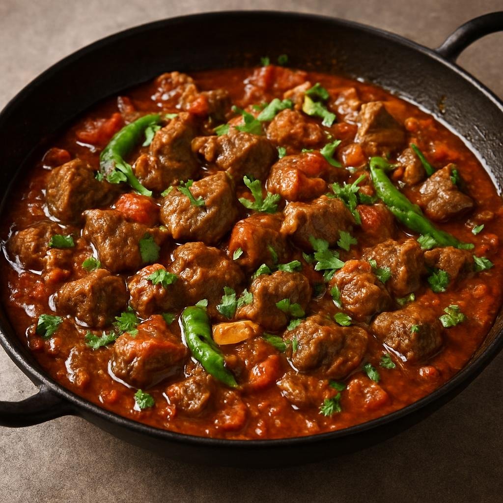 Entree: Afghanistan – Pashtun Eastern Afghanistan – بره کڑاہی ➤ Barreh Karahi (A spiced Afghan-style karahi lamb stew cooked quickly in a wok-like pan with tomatoes, green chiles, garlic, and fresh cilantro) recipe