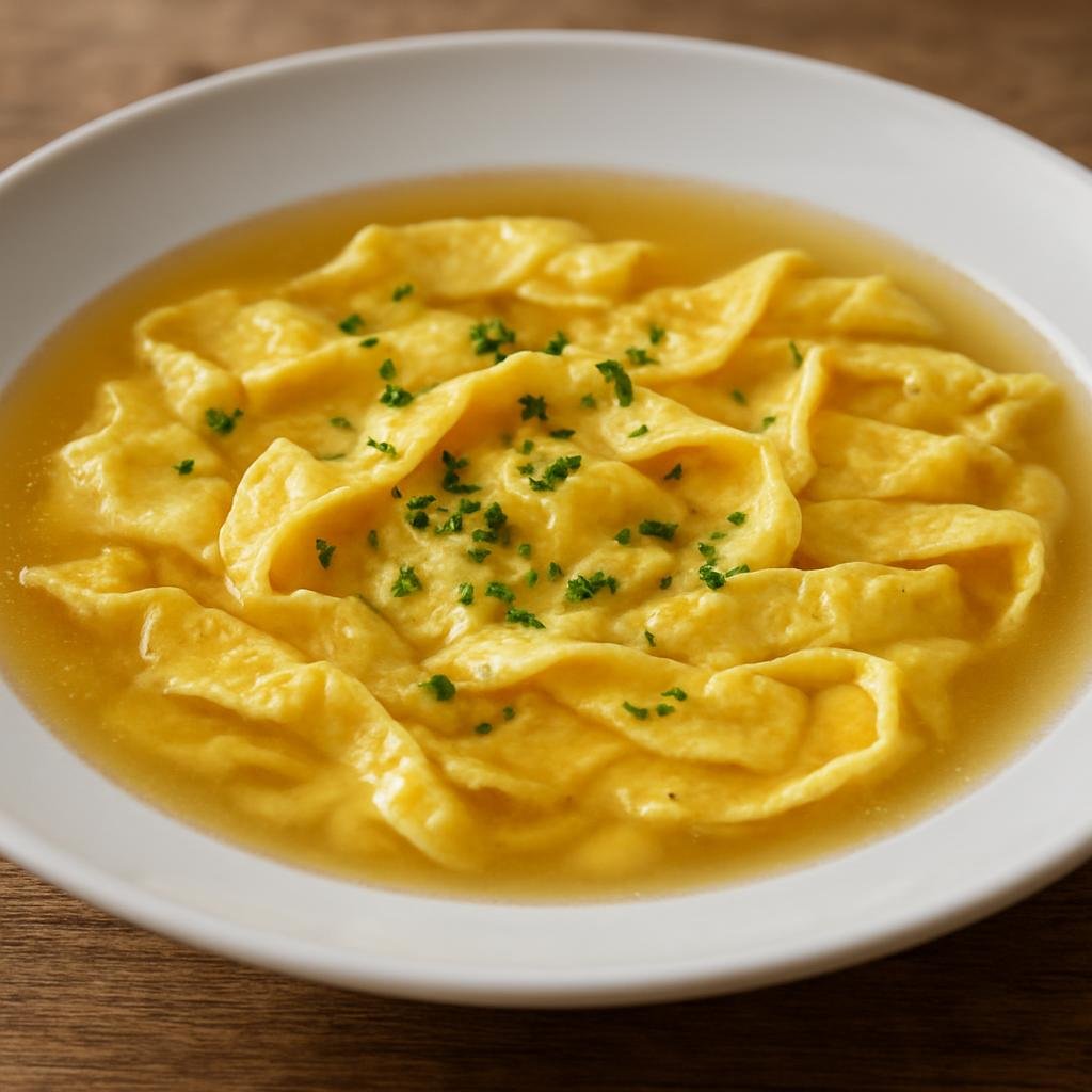 Entree: Italy – Emilia-Romagna – Zuppa Imperiale (A clear meat broth served with thin savory egg-and-cheese custard ribbons) recipe