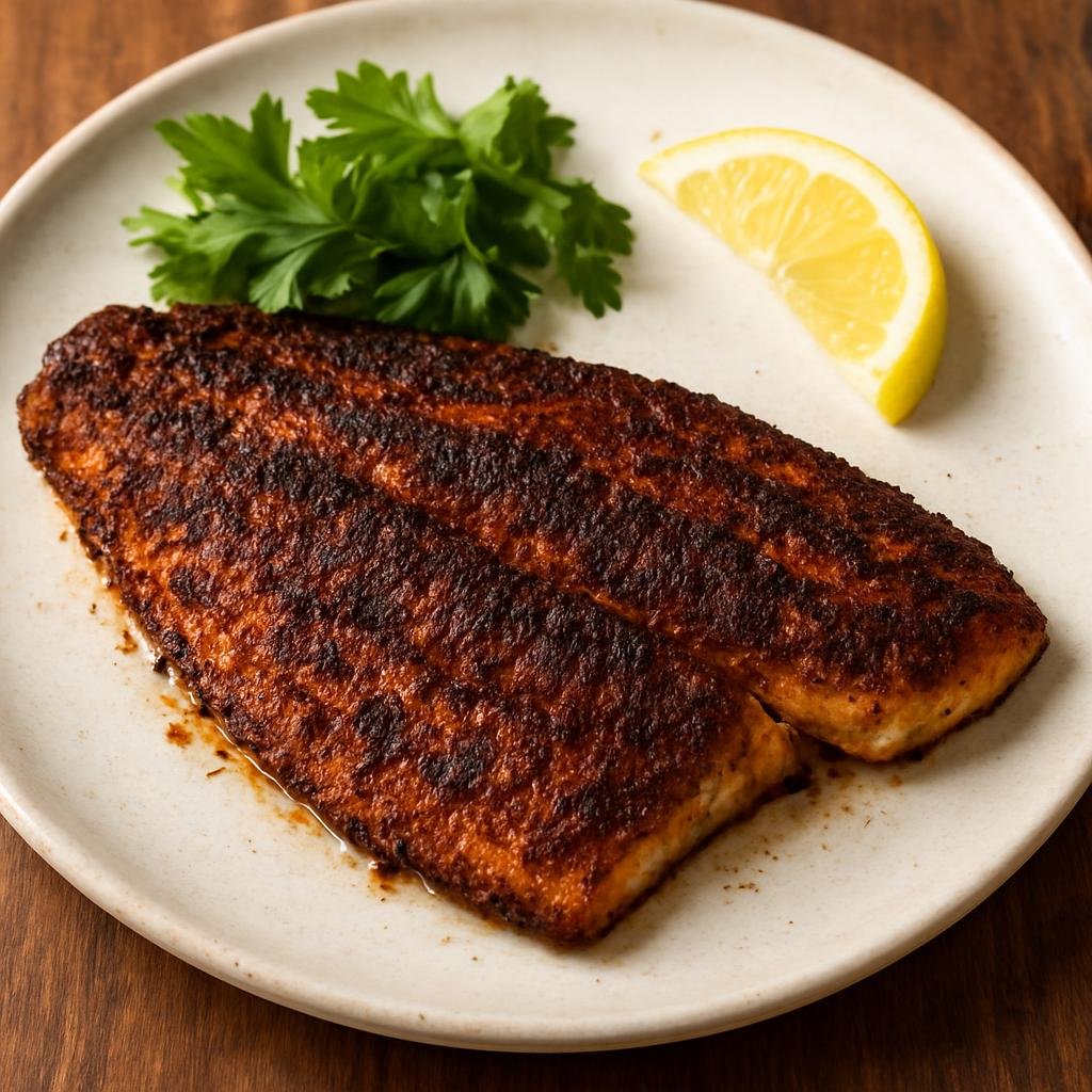 Entree: United States – Texas – Cajun Blackened Redfish (Pan-blackened spiced redfish fillets cooked to form a dark, flavorful crust) recipe