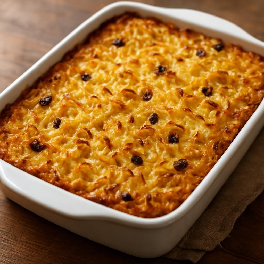 Entree: Poland – Polish Jewish Cuisine – Kugel (Baked Jewish noodle casserole enriched with eggs, dairy, and often sweet spices or raisins) recipe