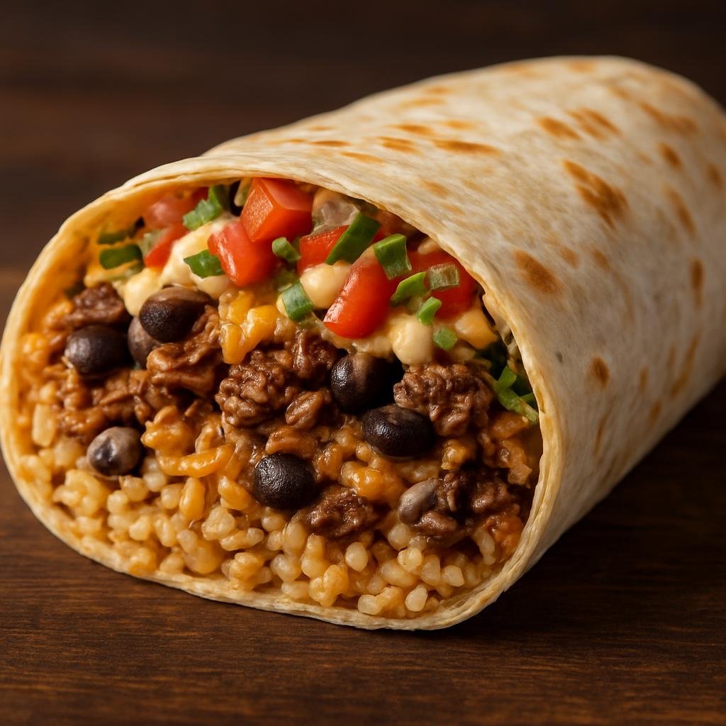 Entree: United States – California – Mission Burrito (Large handheld flour tortilla filled with seasoned rice, beans, meat, cheese, and condiments, folded into a portable meal from San Francisco’s Mission District) recipe