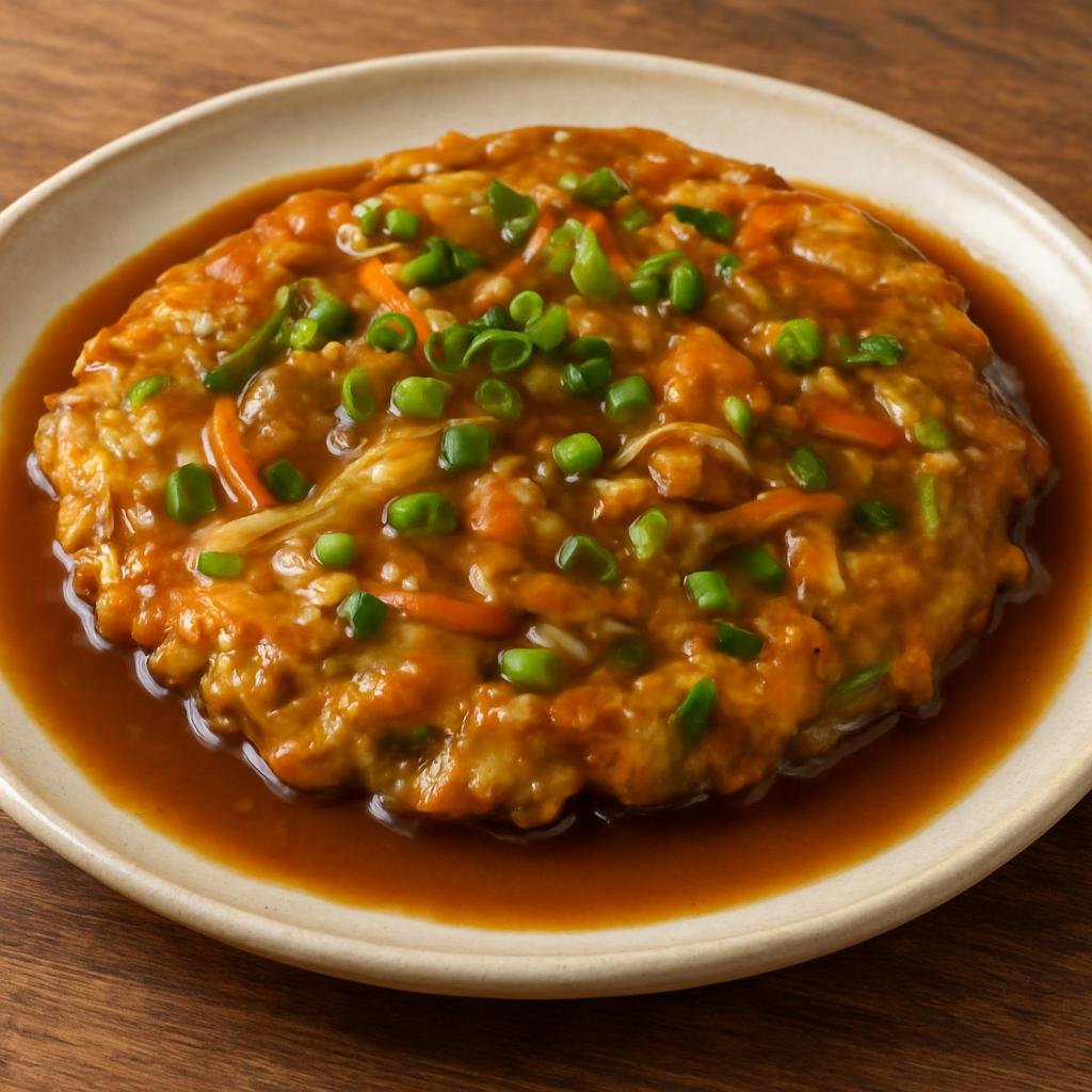 Entree: Indonesia – Chinese-Indonesian – Fu Yung Hai (Chinese-style egg patties with vegetables and meat served with a savory brown gravy) recipe