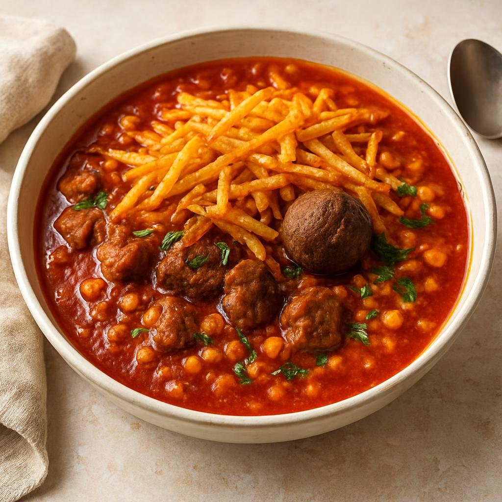 Entree: Iran – Kurdish Iran – خورشت قیمه ➤ Khoresht-e Gheymeh (Persian tomato-and-split-pea stew with braised lamb and dried lime, traditionally topped with fried potatoes) recipe