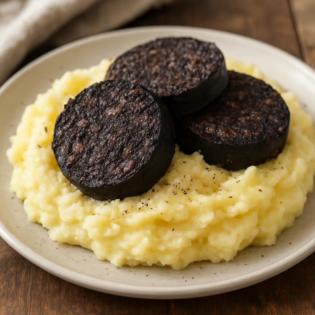 Entree: United Kingdom – England - North – Black Pudding with Mash (Pan-fried blood sausage served atop creamy mashed potatoes) recipe