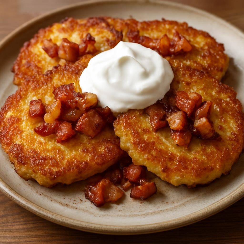 Entree: Ukraine – Western Ukraine – Підпенки ➤ Pidpenky (Pan-fried Western Ukrainian potato patties with smoked pork cracklings and sour cream) recipe