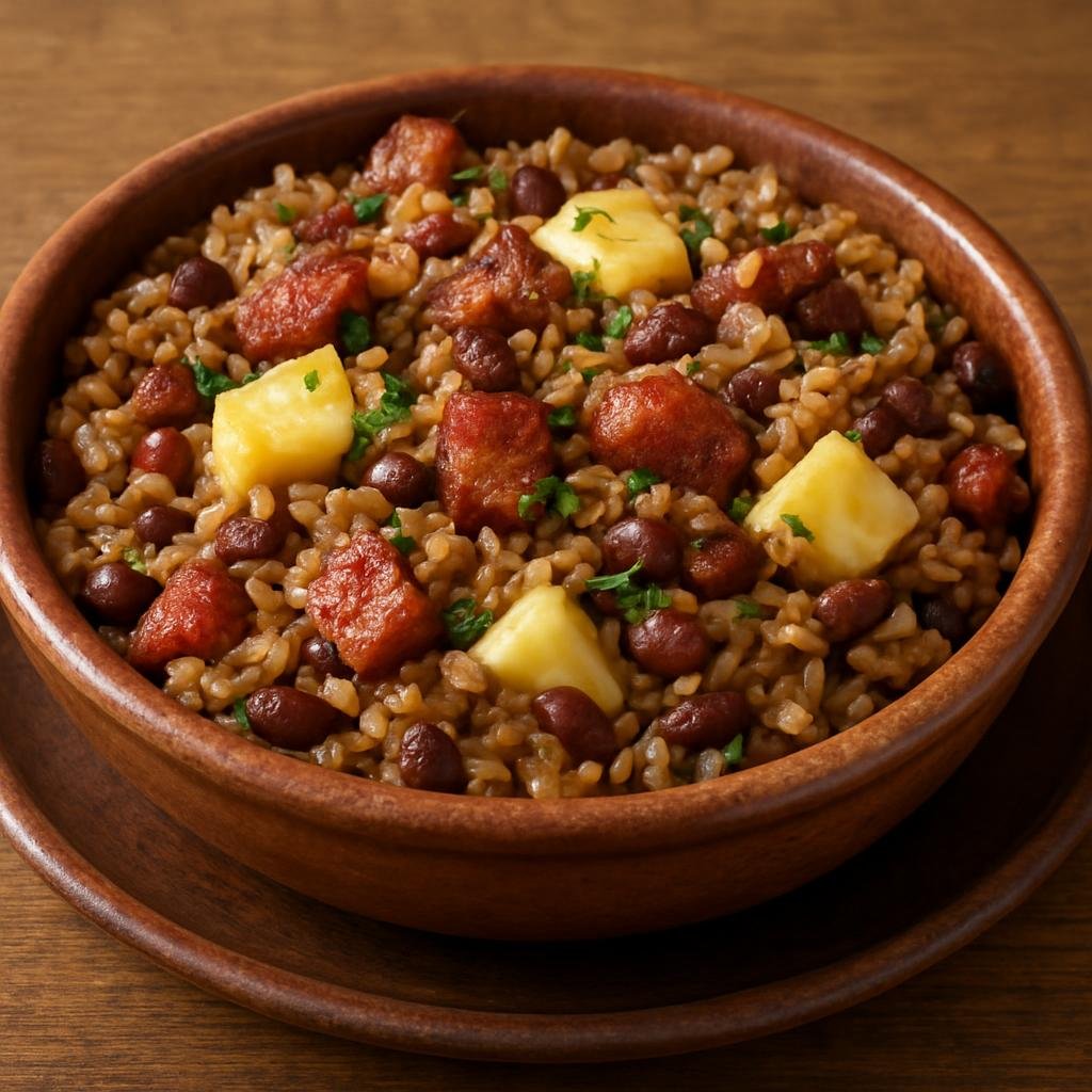 Entree: Brazil – Central Culinary Region – Baião de Dois (Hearty Brazilian one-pot rice and beans cooked with cheese and cured pork) recipe